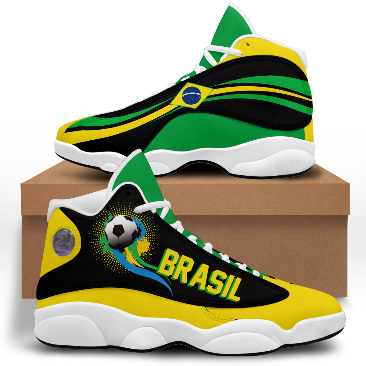 Brazil-themed high-top sneakers, black green yellow with white laces