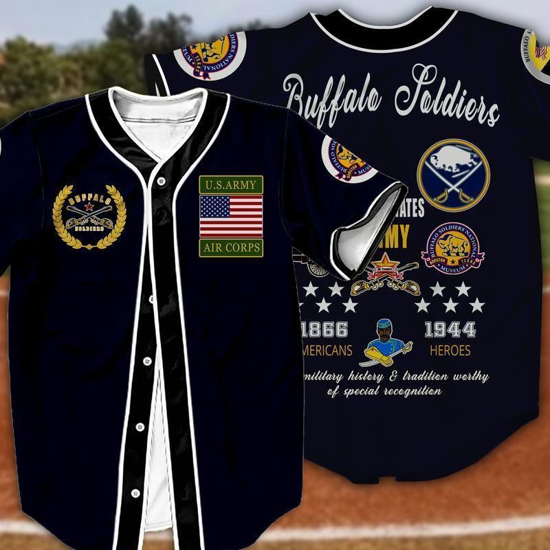 Navy baseball jersey with white trim, Buffalo Soldiers script, military patches and stars