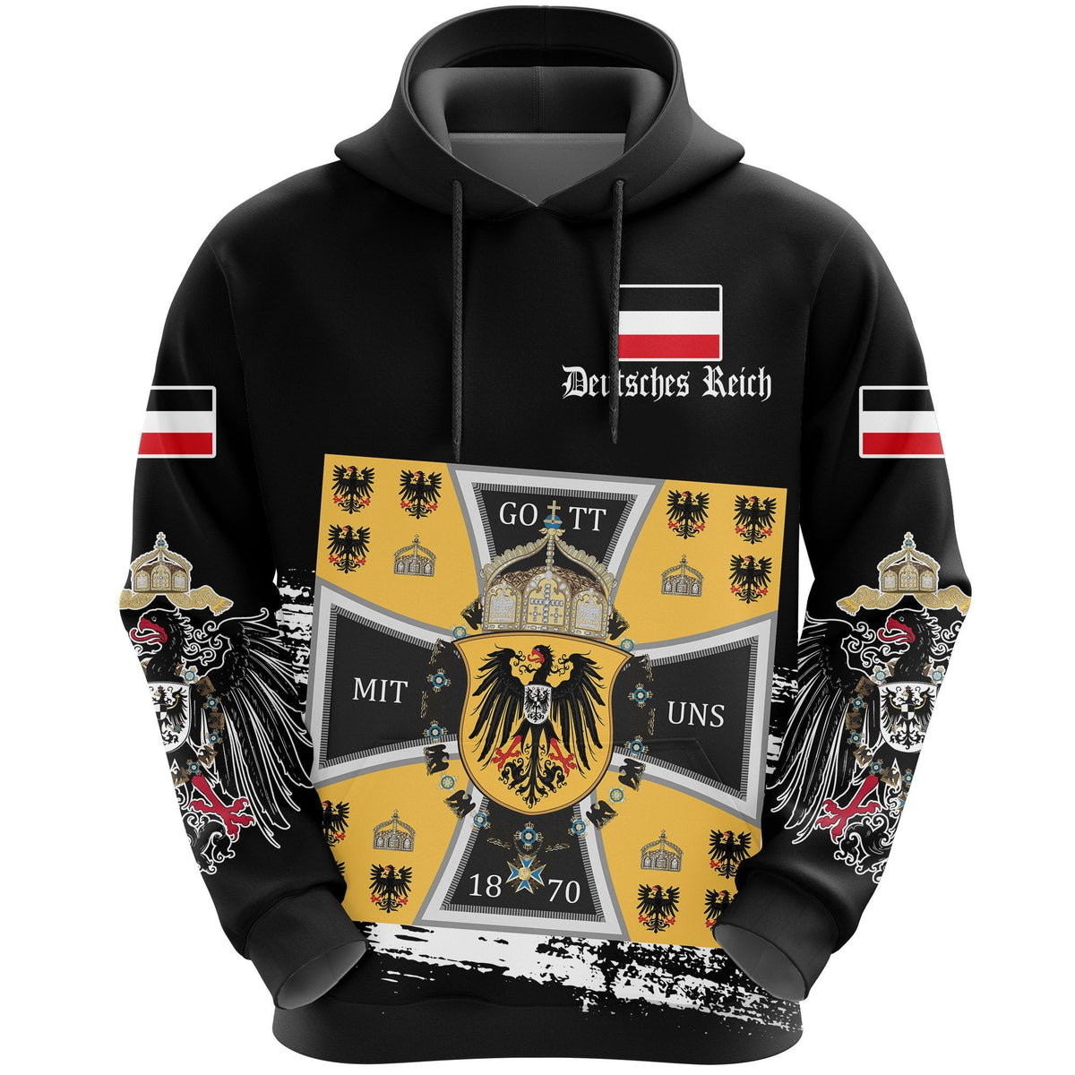 Black pullover hoodie, multicolor front crest graphic, hood and drawstring