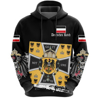 Black pullover hoodie, multicolor front crest graphic, hood and drawstring