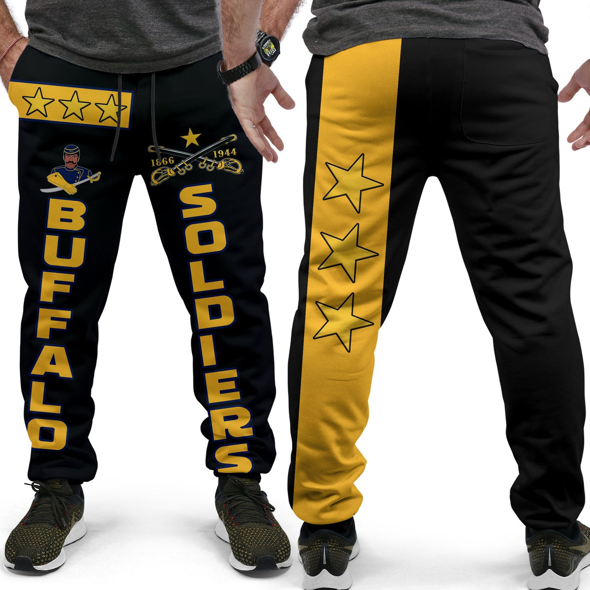 Black jogger pants with yellow side stripe and star print, elastic waistband