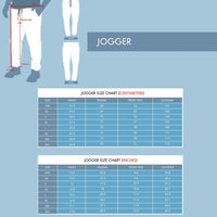 Jogger size chart with waist, inseam, front rise, and outseam measurements