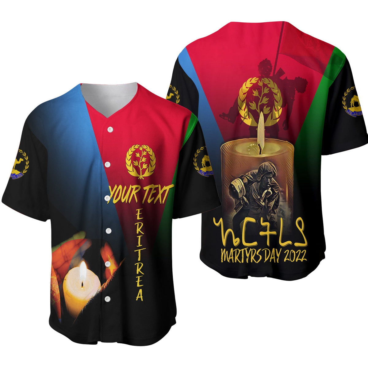 Personalised baseball jersey with black base and full-color flag crest print, button front