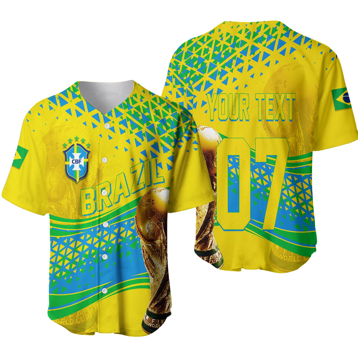 Yellow Brazil baseball jersey with blue geometric pattern, crest, buttons, and custom text