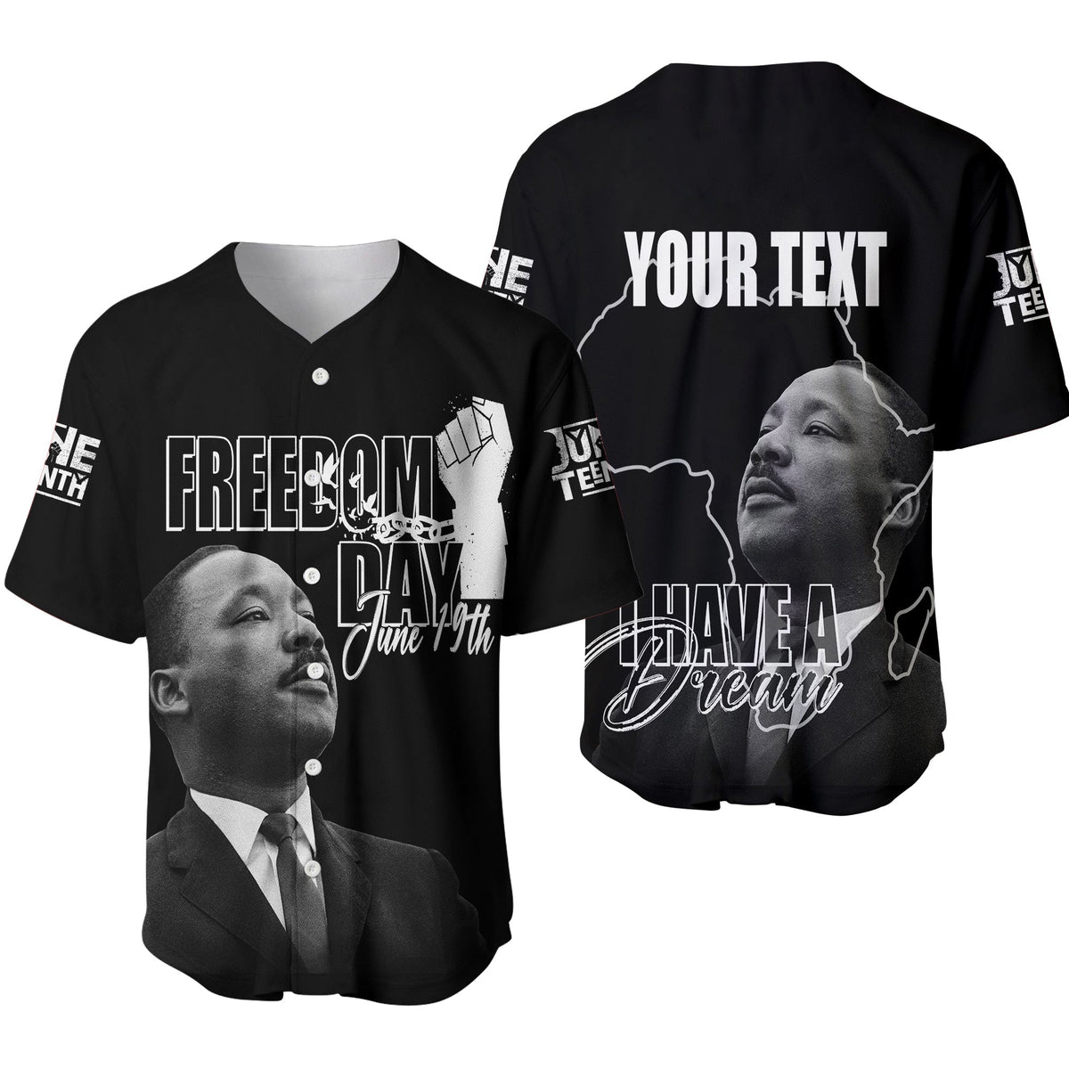 Black baseball jersey with MLK portrait; 'FREEDOM DAY' Juneteenth text, V-neck buttons
