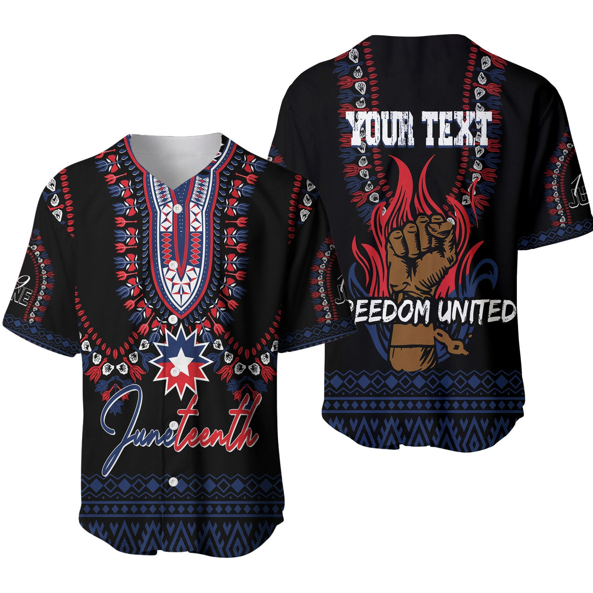 Black baseball jersey with dashiki trim and Juneteenth/Freedom United prints
