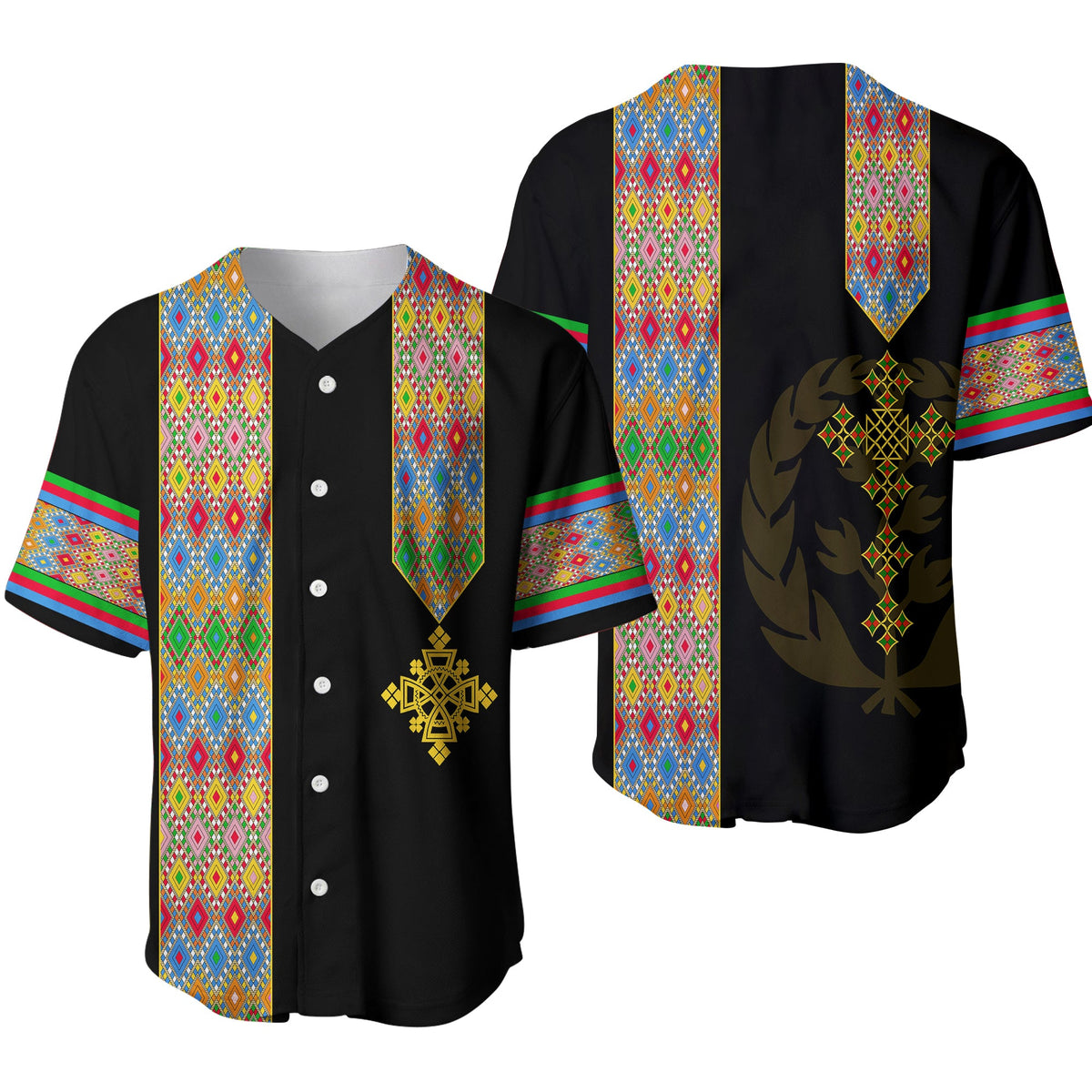 Black baseball jersey with Habesha-style colorful patterned side panels, front buttons, emblem