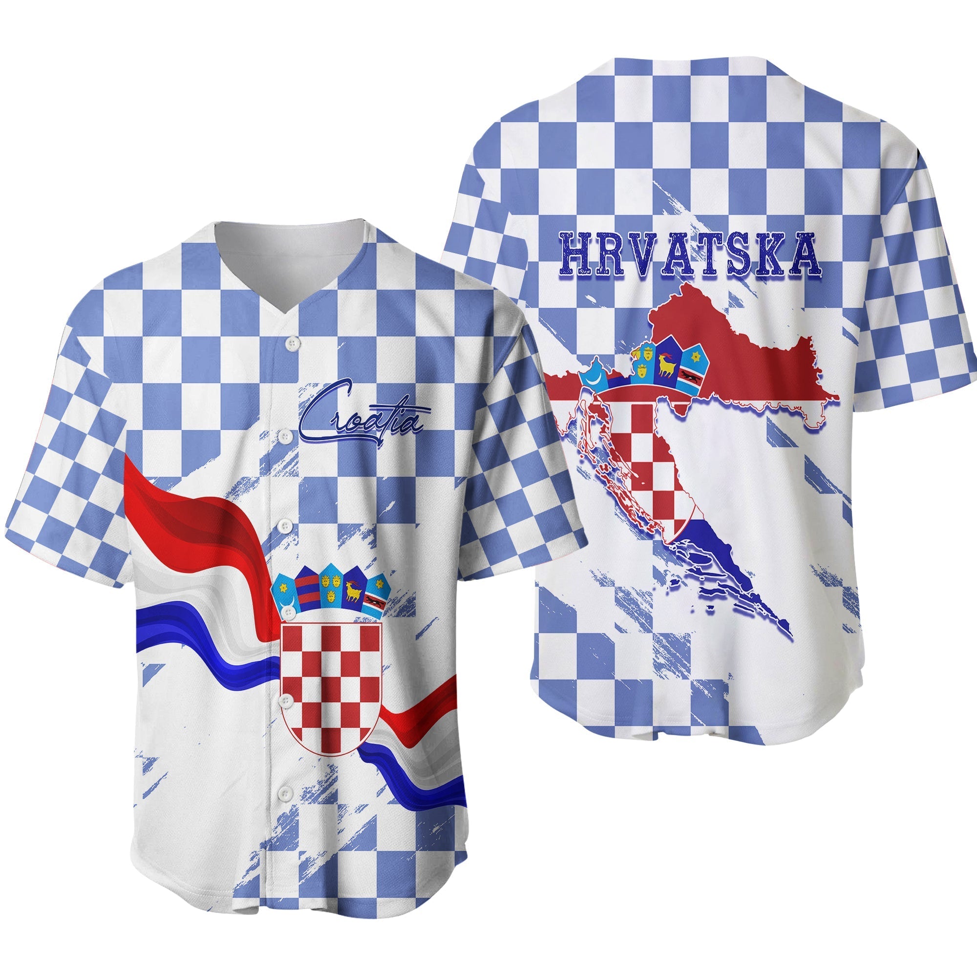 Croatia Baseball Jersey Checkerboard Grunge Style - Blue Color LT7 - Wonder Print Shop