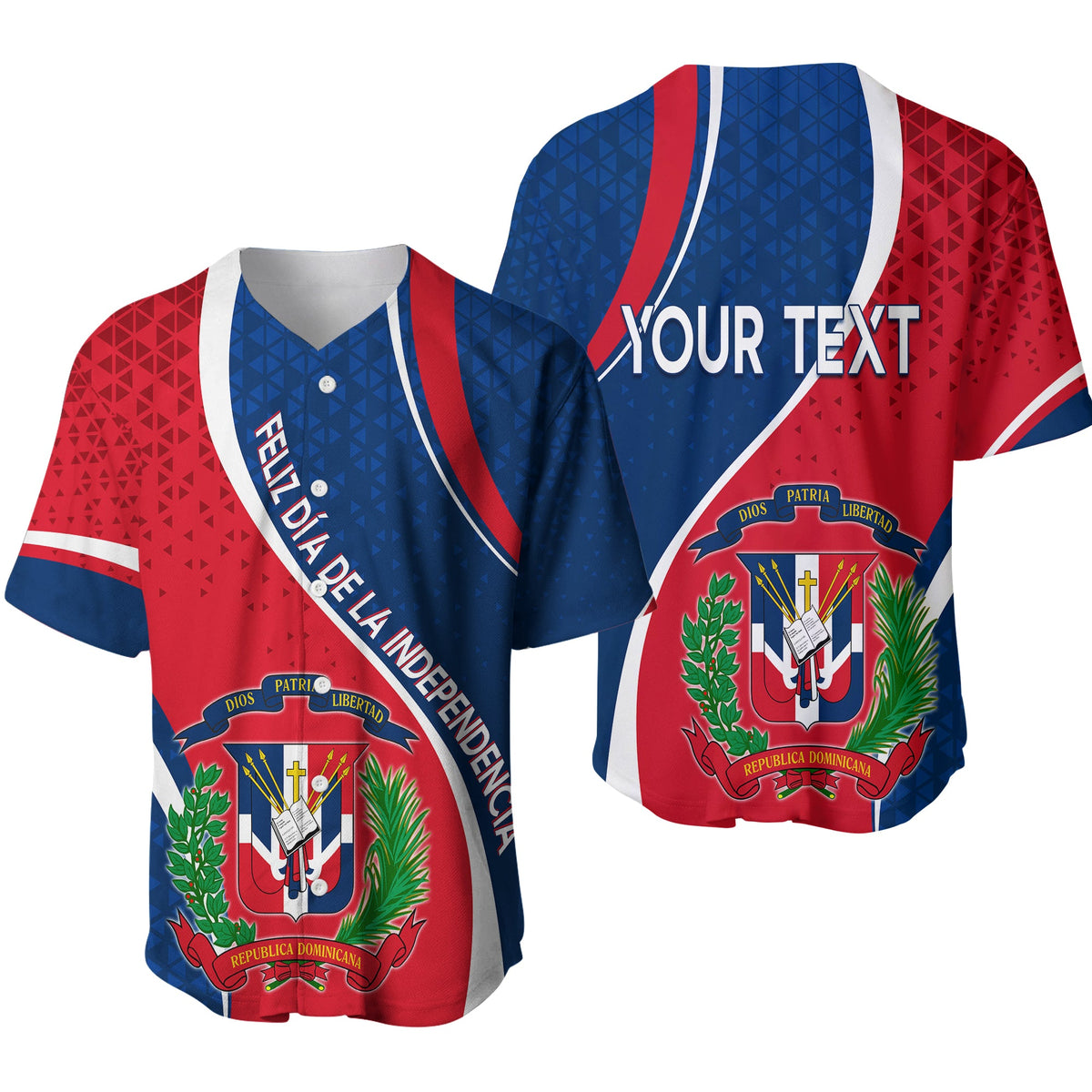 Baseball jersey with blue and red panels, white trim, and Dominican crest graphic.