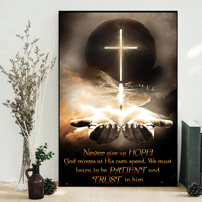 Vertical religious poster showing glowing cross, open hands, and gold quote text at bottom