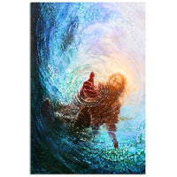 Vertical poster with praying hands in blue watery abstract splash and golden light