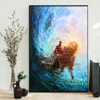 Vertical poster in black frame with praying hands in blue watery abstract splash