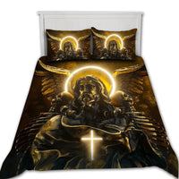 Religious bedding set with gold halo angel, wings, and cross on dark background; 3 panels