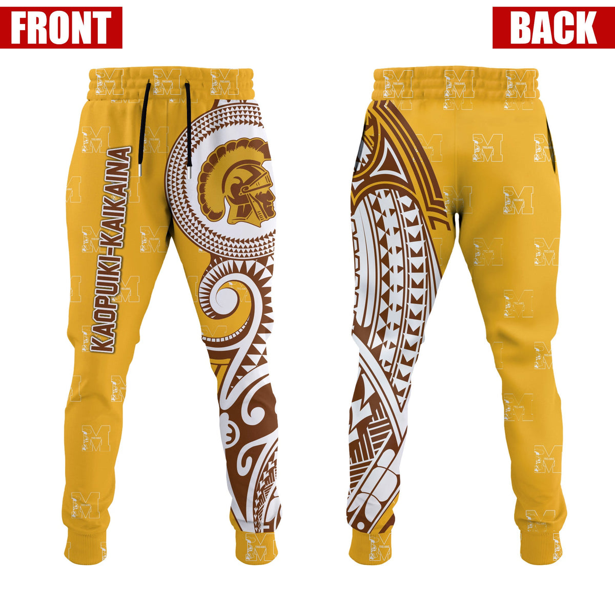 Gold jogger pants with tribal print panels, drawstring waist, elastic cuffs