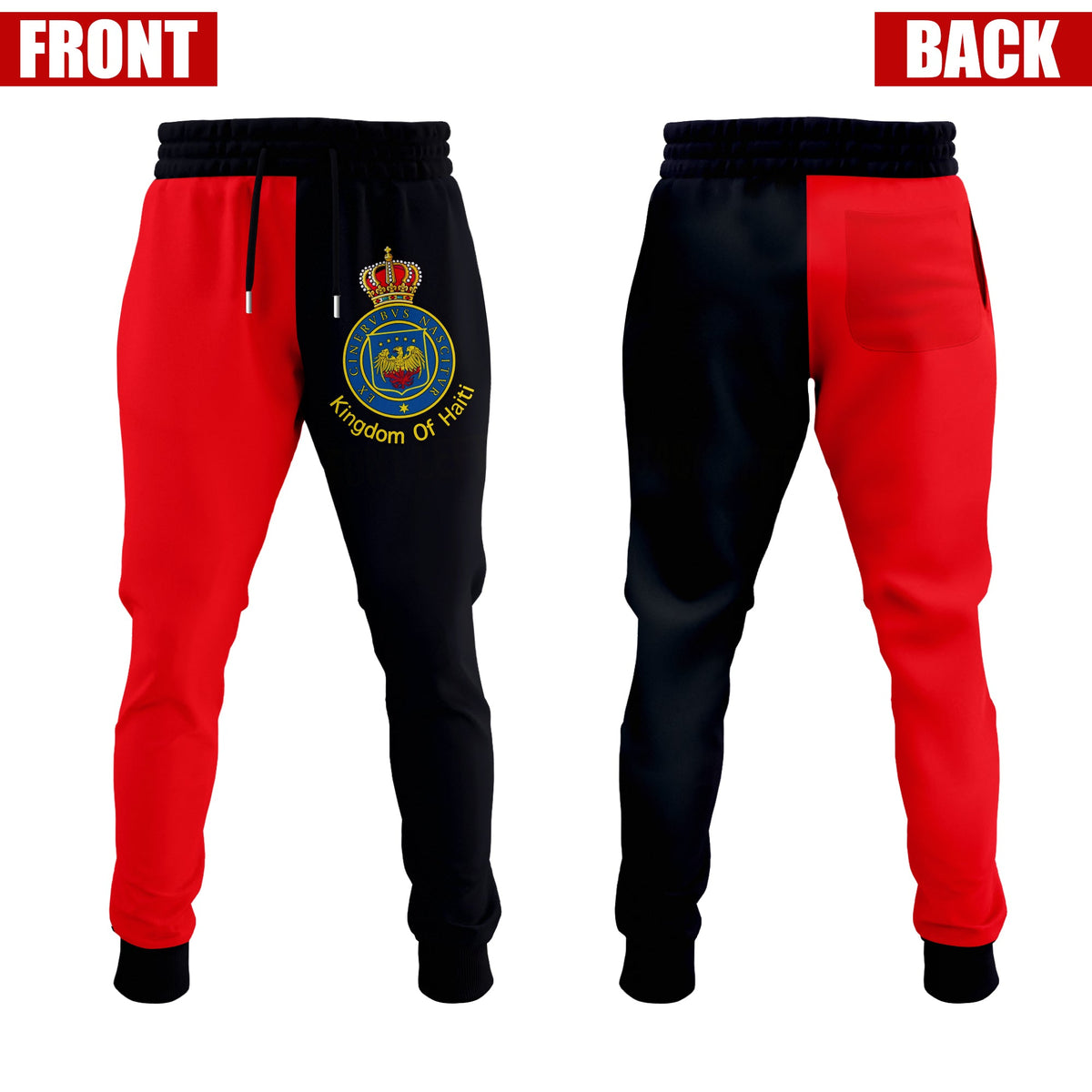 Red and black jogger pants with elastic waist and drawstring, front crest logo.