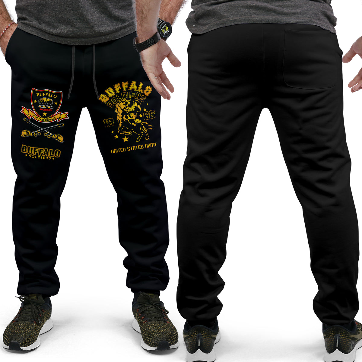Black jogger pants with drawstring and large front graphic on one leg
