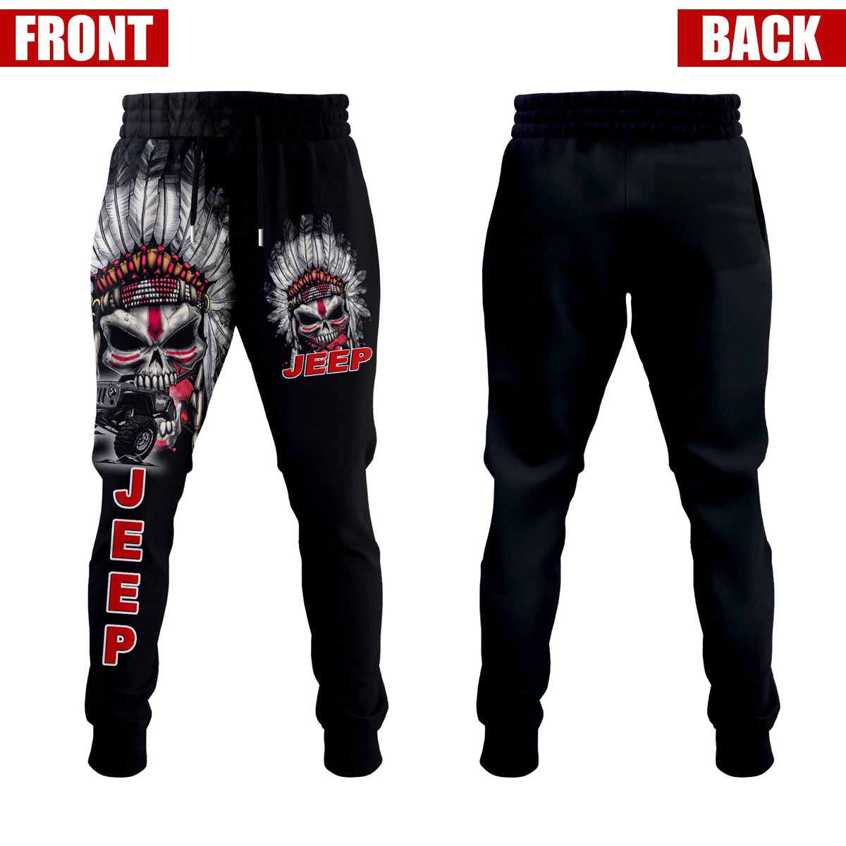 Black joggers with angry skull graphic on front legs and 'JEEP' print