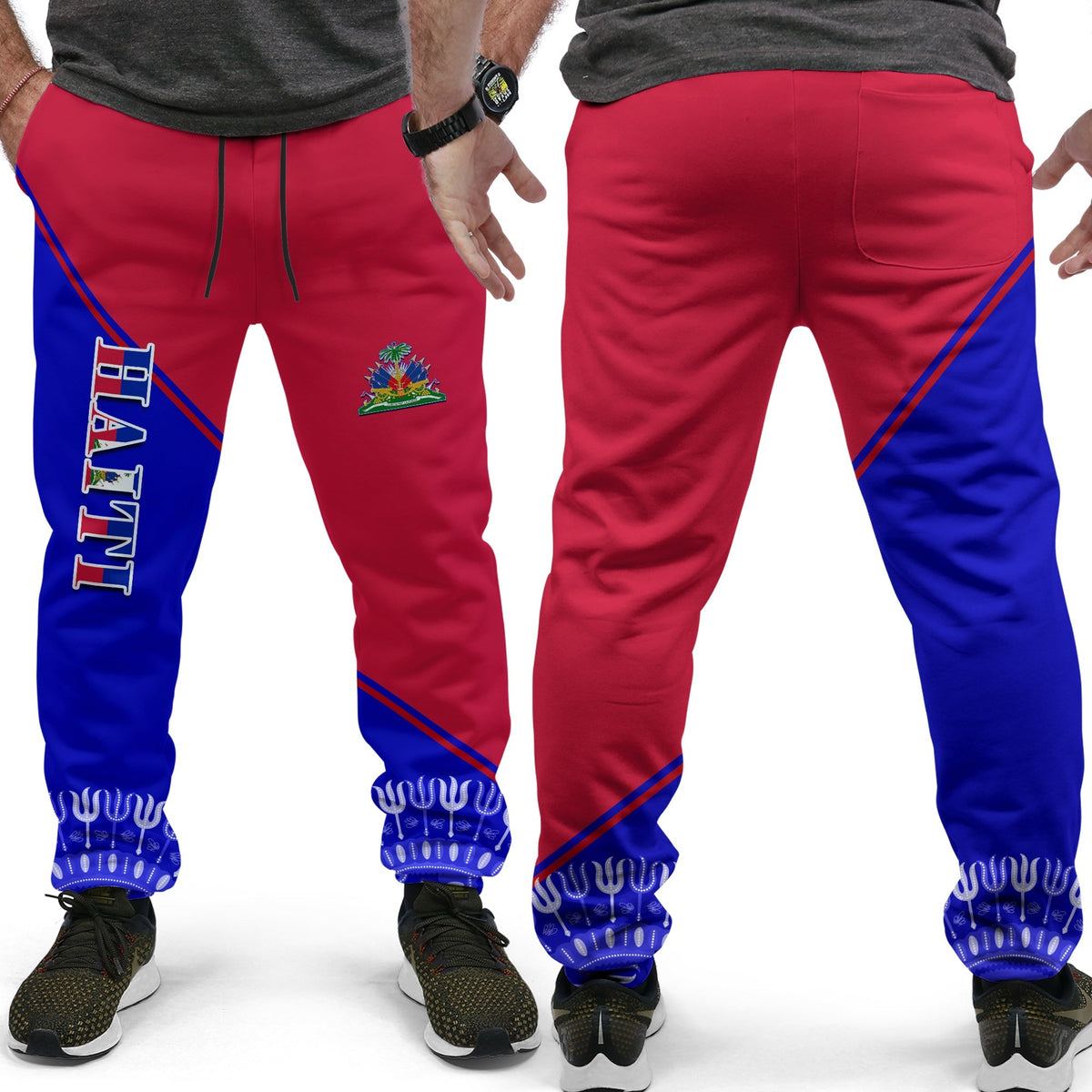 Red and blue Haiti flag jogger pants with vertical stripe, drawstring waist, printed cuffs