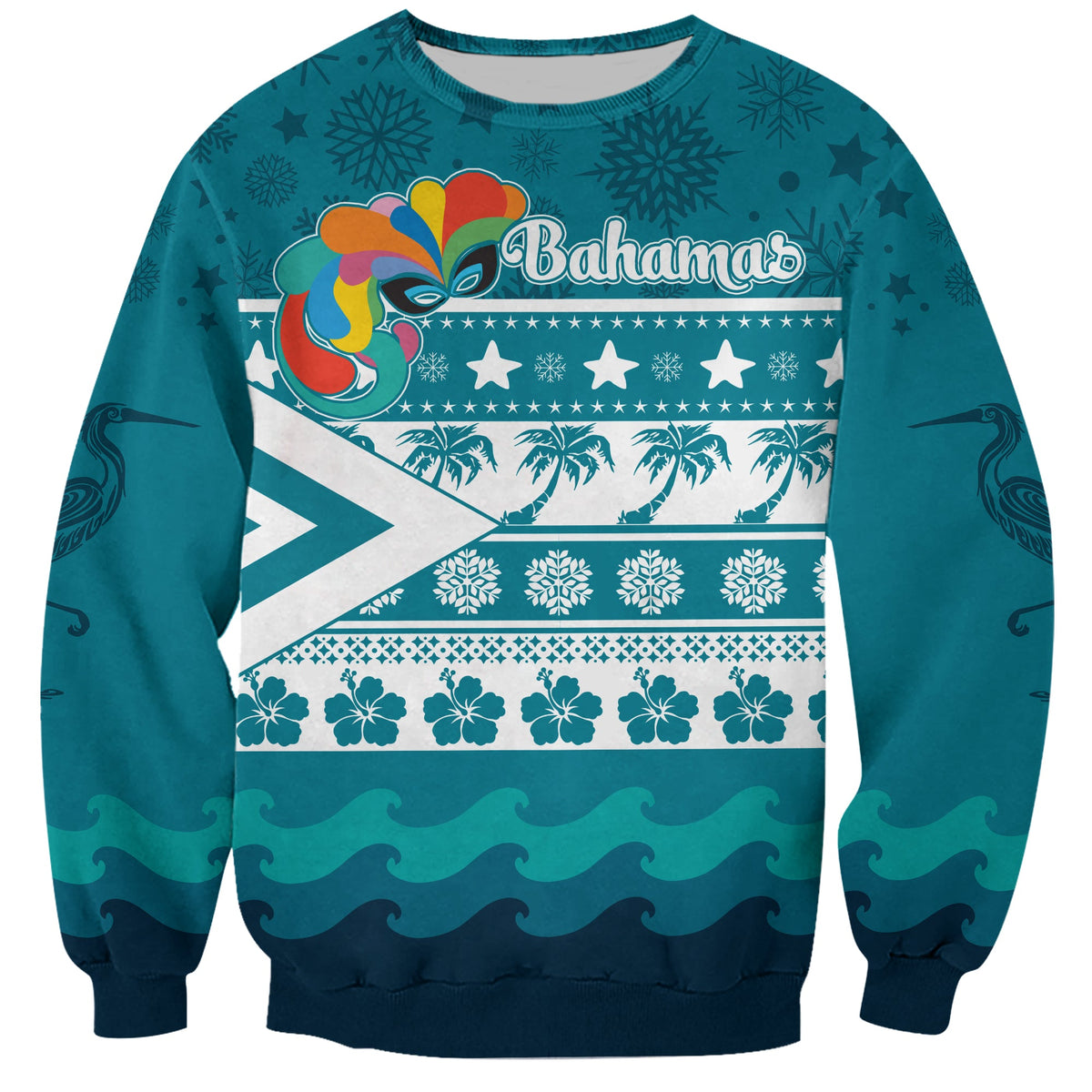 Teal unisex crewneck sweatshirt with Bahamas mask and flag stripes, snowflake motifs