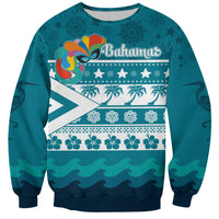 Teal unisex crewneck sweatshirt with Bahamas mask and flag stripes, snowflake motifs