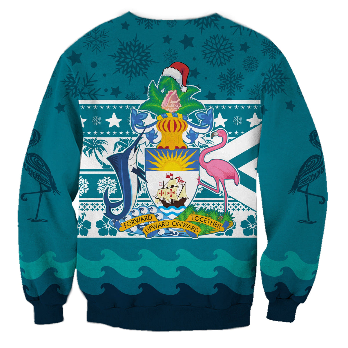 Teal unisex sweatshirt back graphic with coat of arms, flamingo, stars and waves