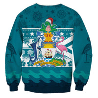 Teal unisex sweatshirt back graphic with coat of arms, flamingo, stars and waves