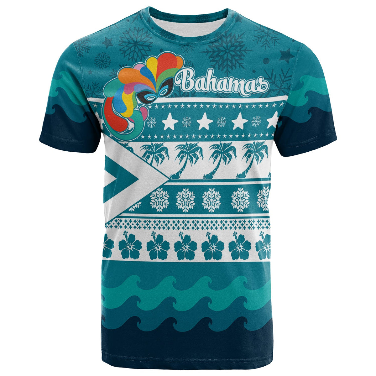 Teal tropical graphic T-shirt with Bahama title, mask, stars, palms, snowflakes