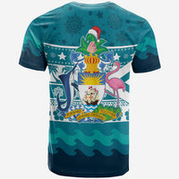 Teal tropical back graphic T-shirt with flamingo, banner "FORWARD" and waves