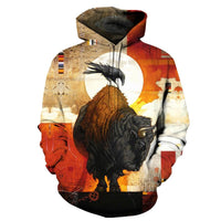 Pullover hoodie with all-over bison and eagle multicolor Native-inspired graphic
