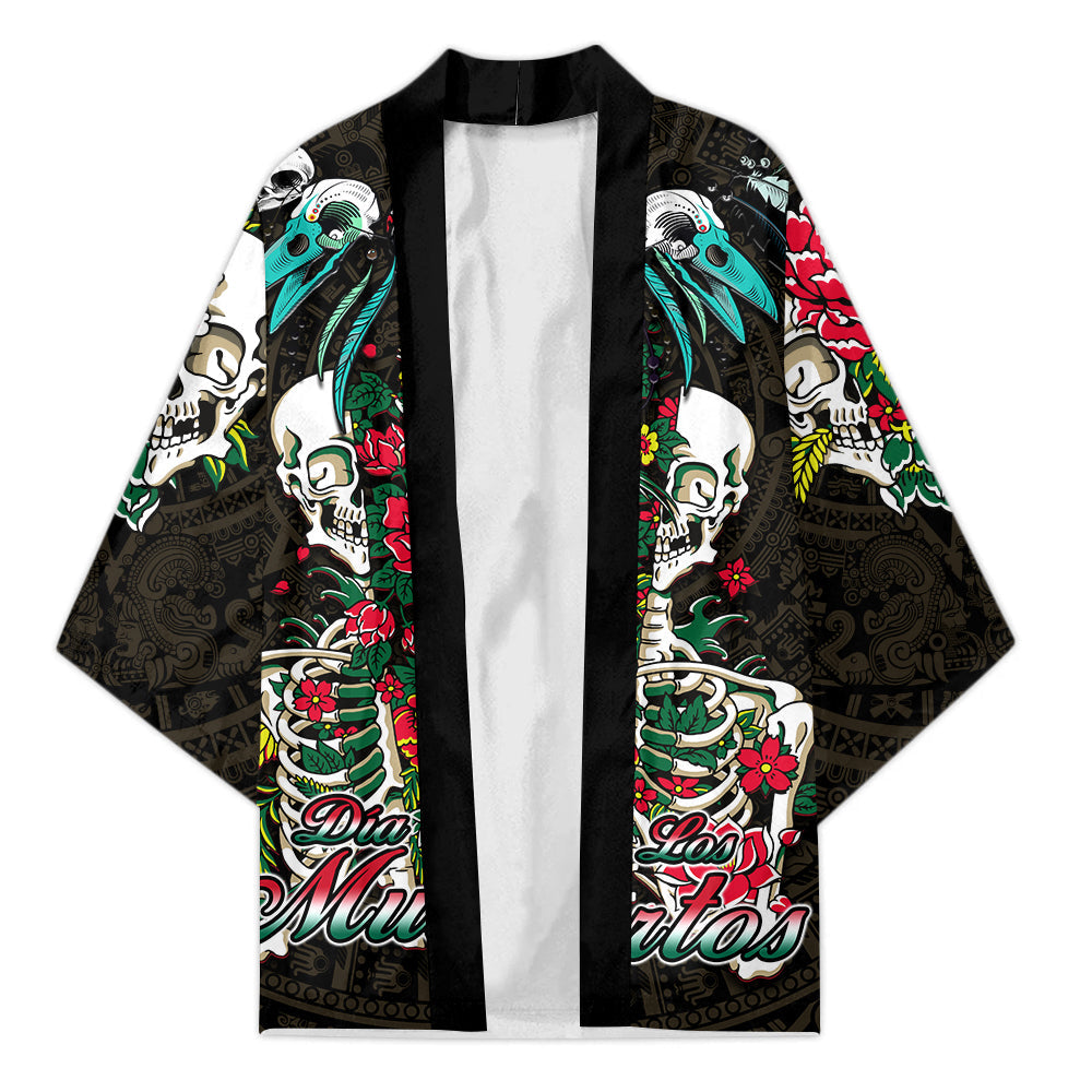 Unisex black kimono robe with colorful skulls and floral Dia de Los Muertos artwork