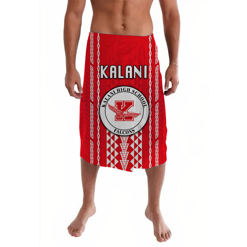 Red lavalava skirt with geometric border and Kalani Falcons crest applique