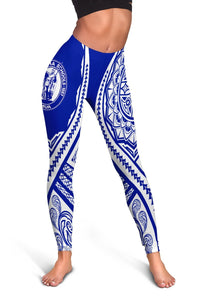 Blue high-leg leggings with all-over geometric tribal print, back leg view