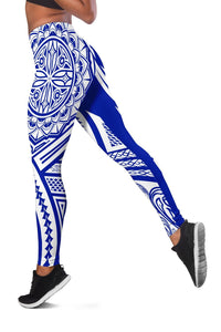 Blue-and-white patterned high-leg leggings, side view with geometric motifs