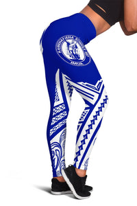 Blue high-leg leggings with white tribal print and circular emblem on thigh