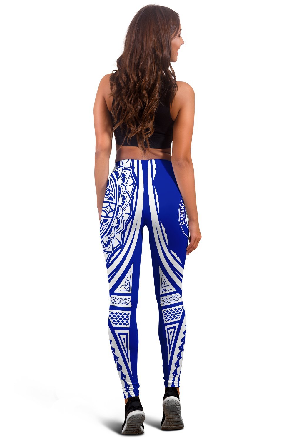 Blue high-leg leggings with white vertical tribal panels, full back view