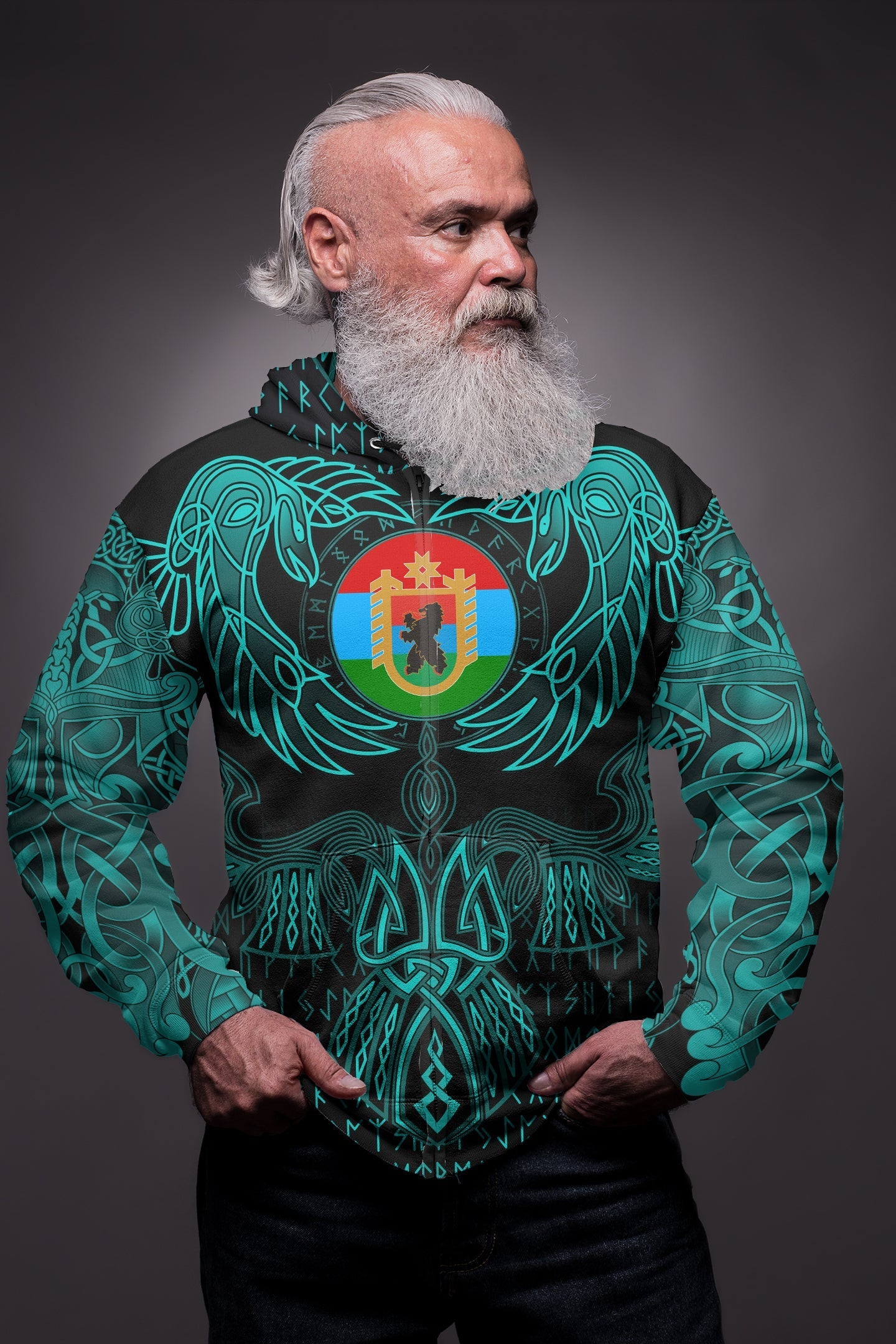 Viking Karelia Zip Hoodie Valknut of Odin Cyan RLT12 - Wonder Print Shop