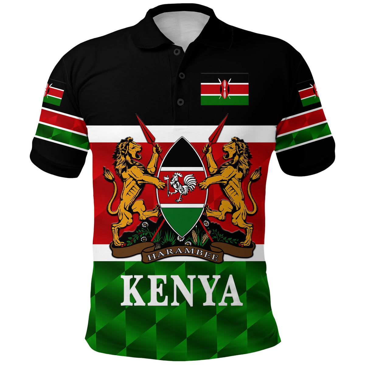 Black Kenya polo shirt with front crest and flag graphic, Harambe text, short sleeves