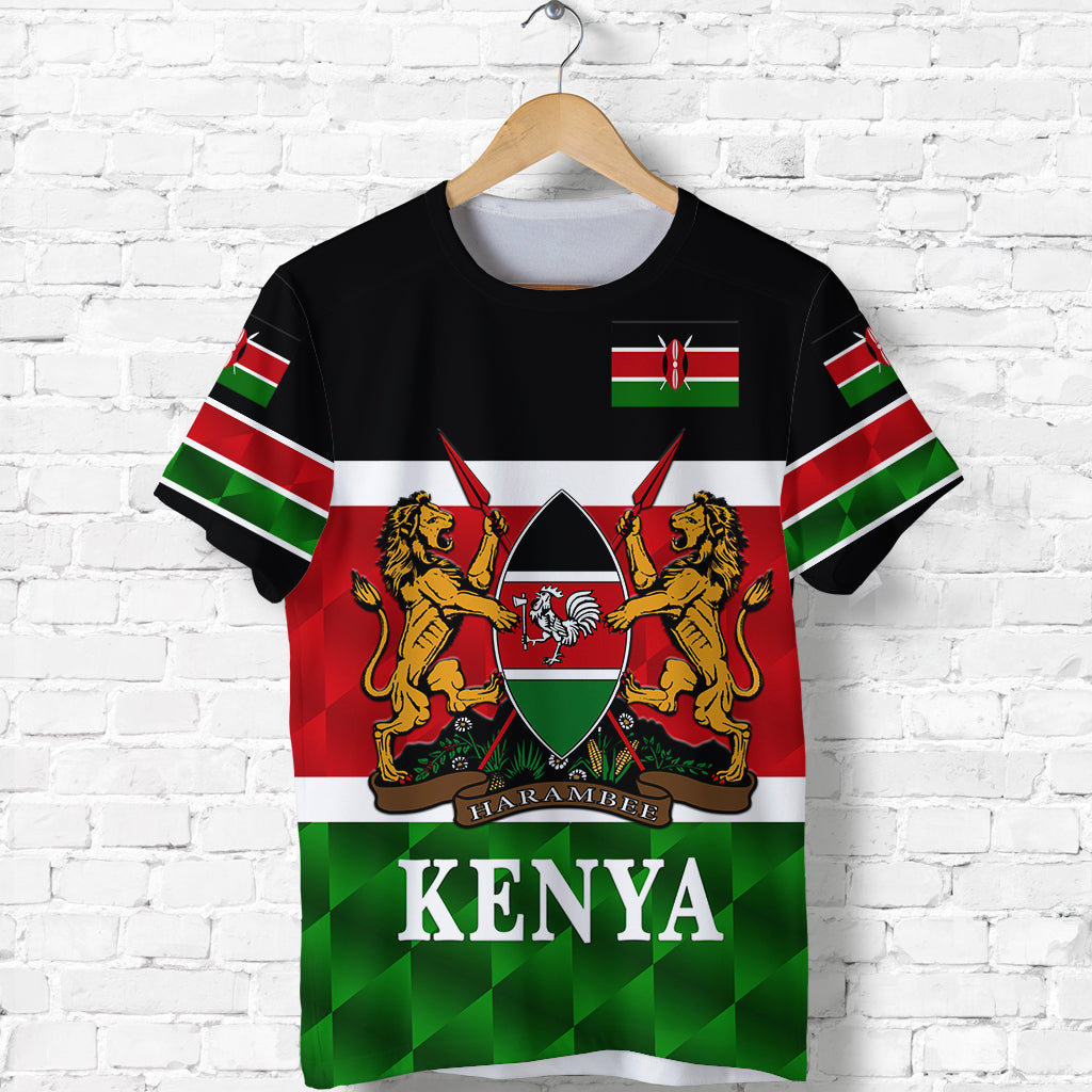 Black Kenya T-shirt with lions crest, flag stripes, and 'HARAMBEE' ribbon