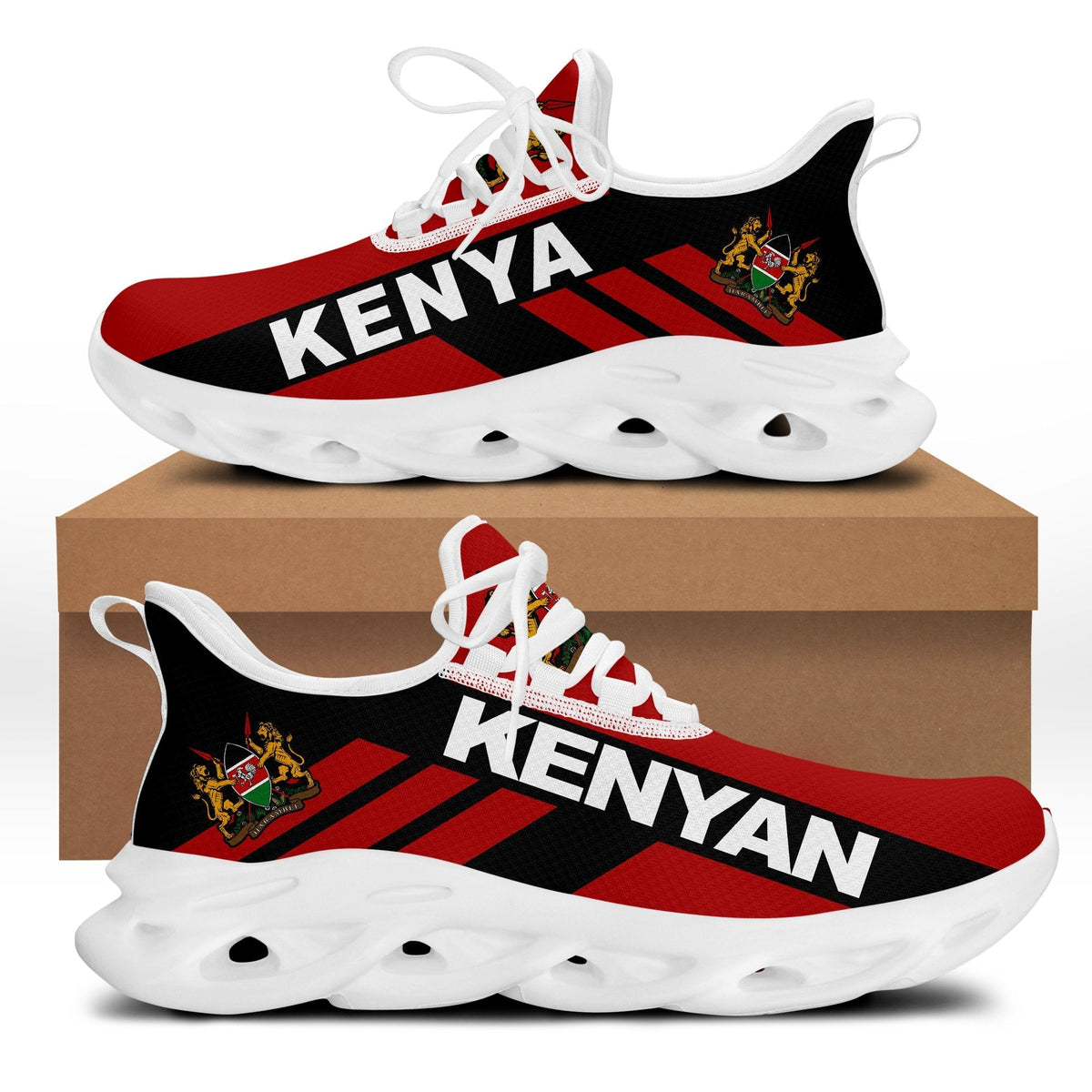 Kenya stripe clunky sneakers, white sole, red and black upper with lace-up front