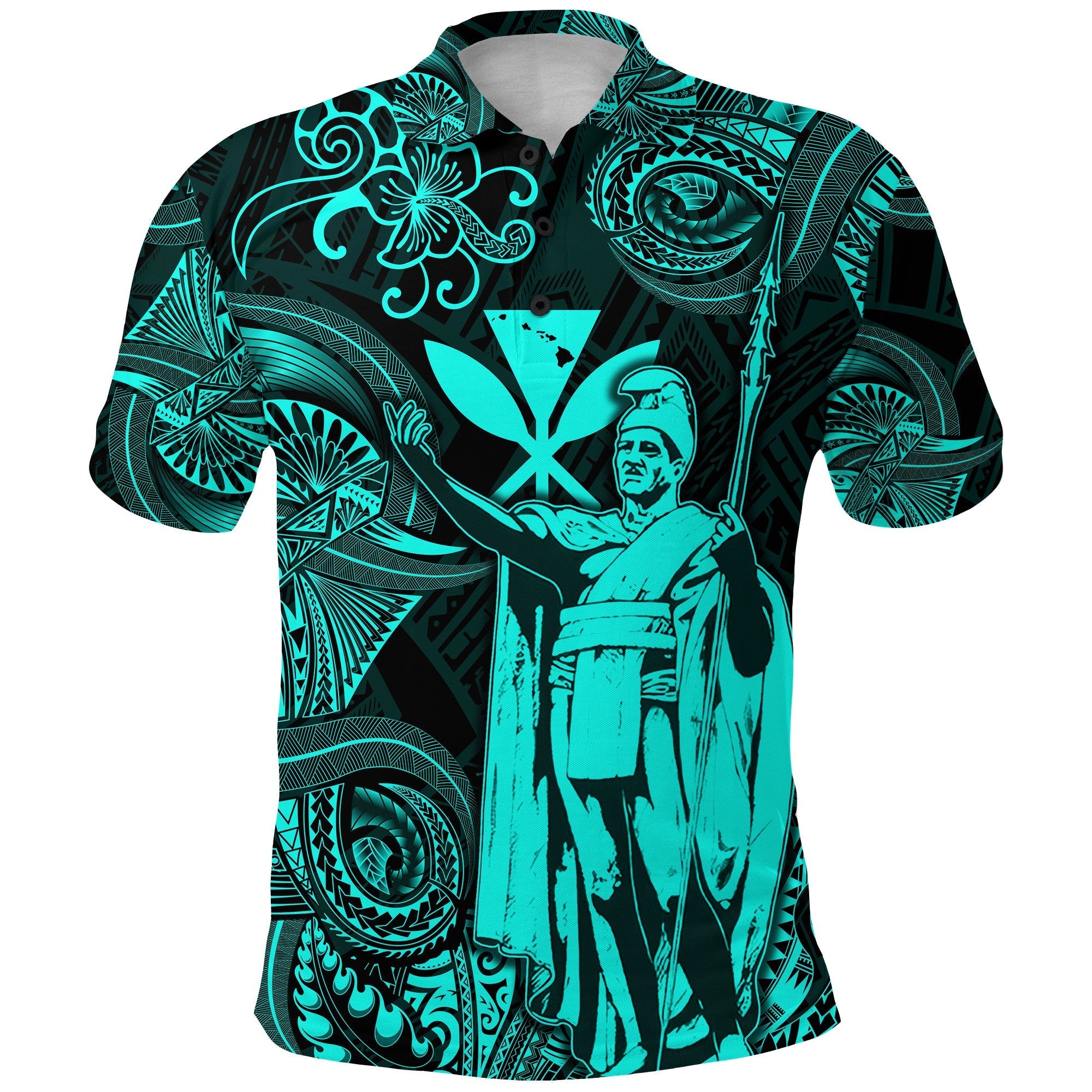 Hawaii Polo Shirt King Kamehameha with Polynesian Patterns Unique Style Turquoise LT8 - Wonder Print Shop