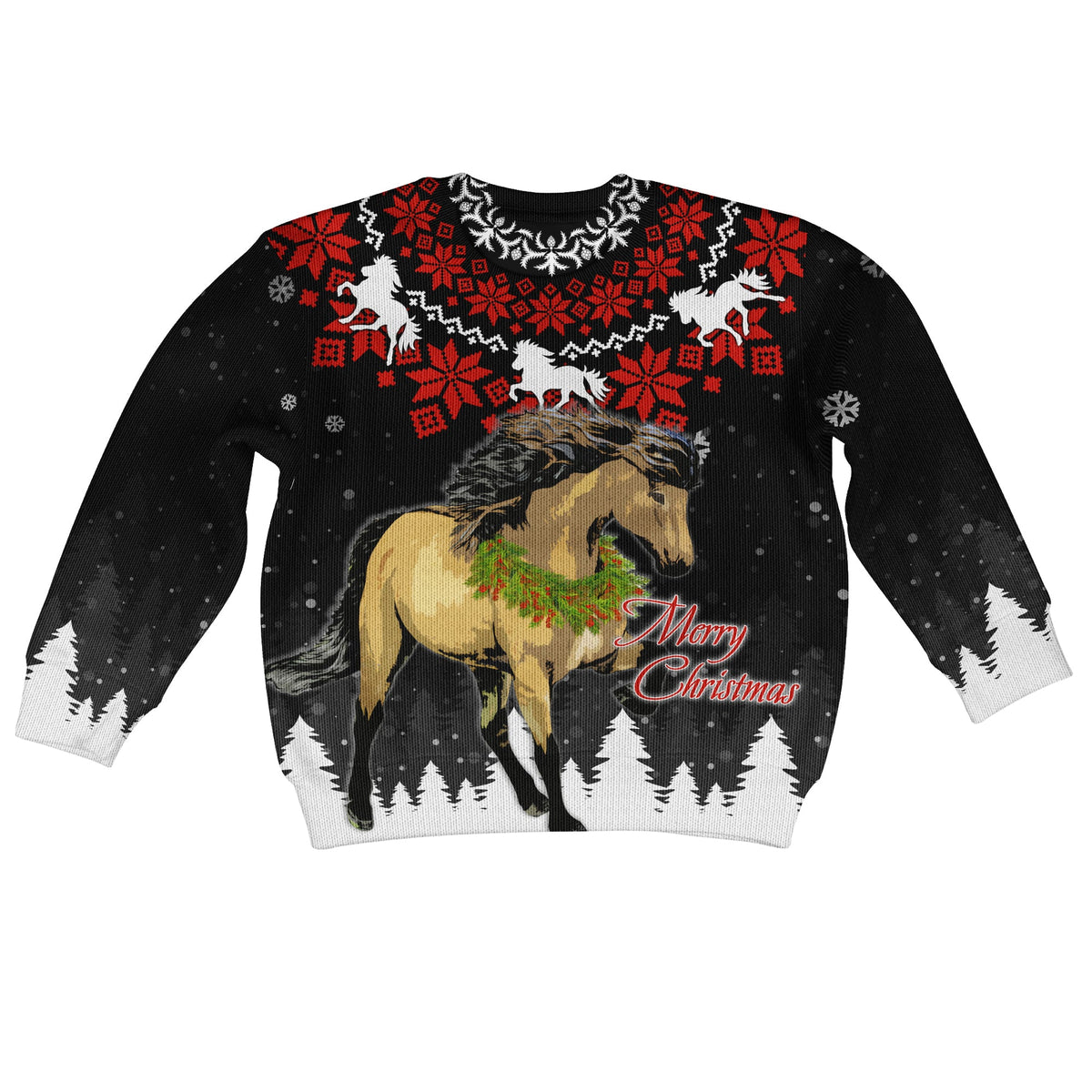 Kids black knitted sweatshirt with horse graphic, Merry Christmas text, snowflake knit