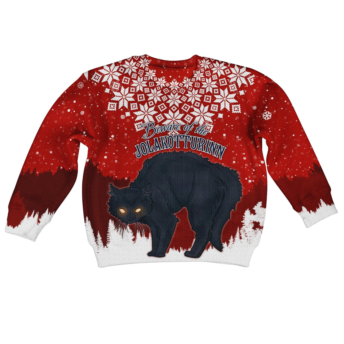 Kids knitted Christmas sweatshirt, red with white fair isle snowflakes and cat graphic