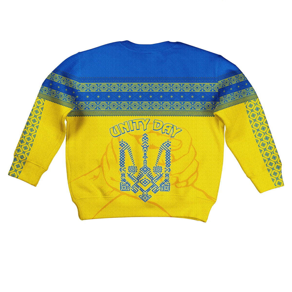Kid knitted sweatshirt, yellow back with blue folk banding and Unity Day graphic center