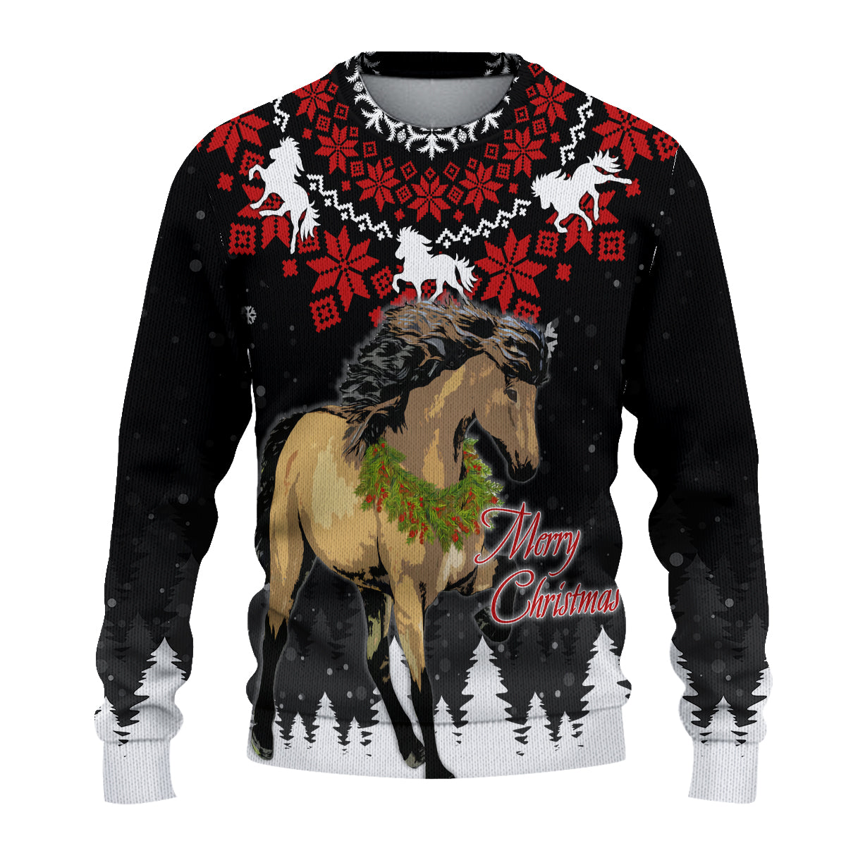 Black knitted crewneck sweatshirt with Iceland horse and red/white Christmas knit pattern