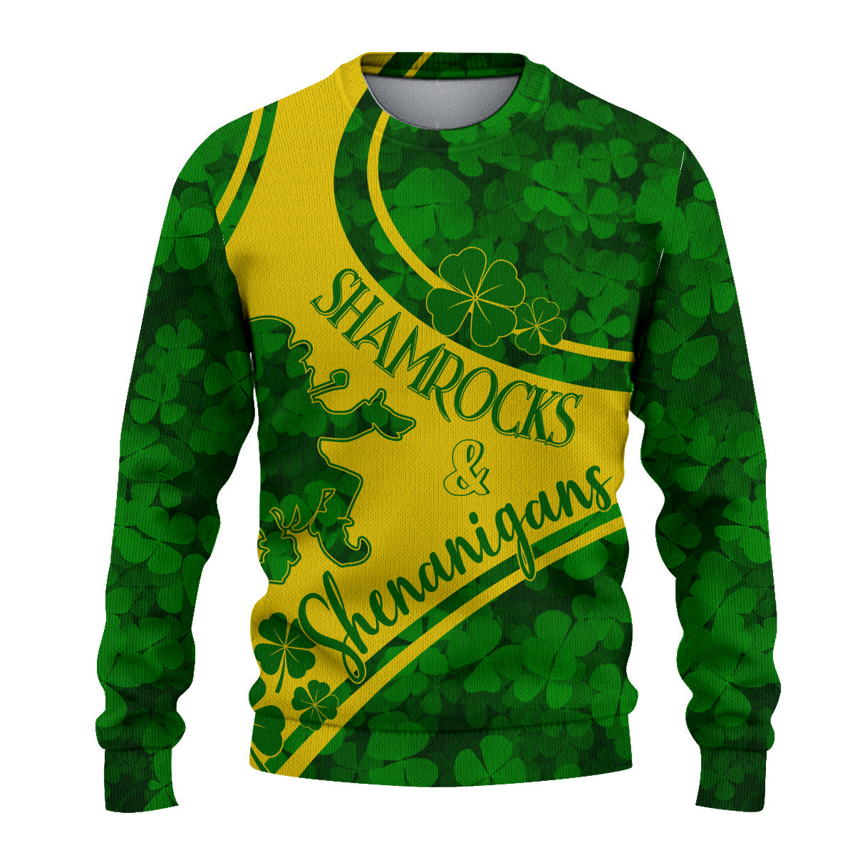 Saint Patrick Day Knitted Sweatshirt Shamrocks And Shenanigans - Gold Style - Wonder Print Shop