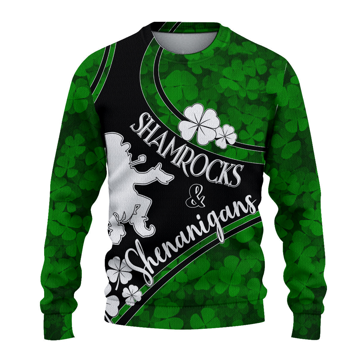 Saint Patrick Day Knitted Sweatshirt Shamrocks And Shenanigans - Black Style - Wonder Print Shop