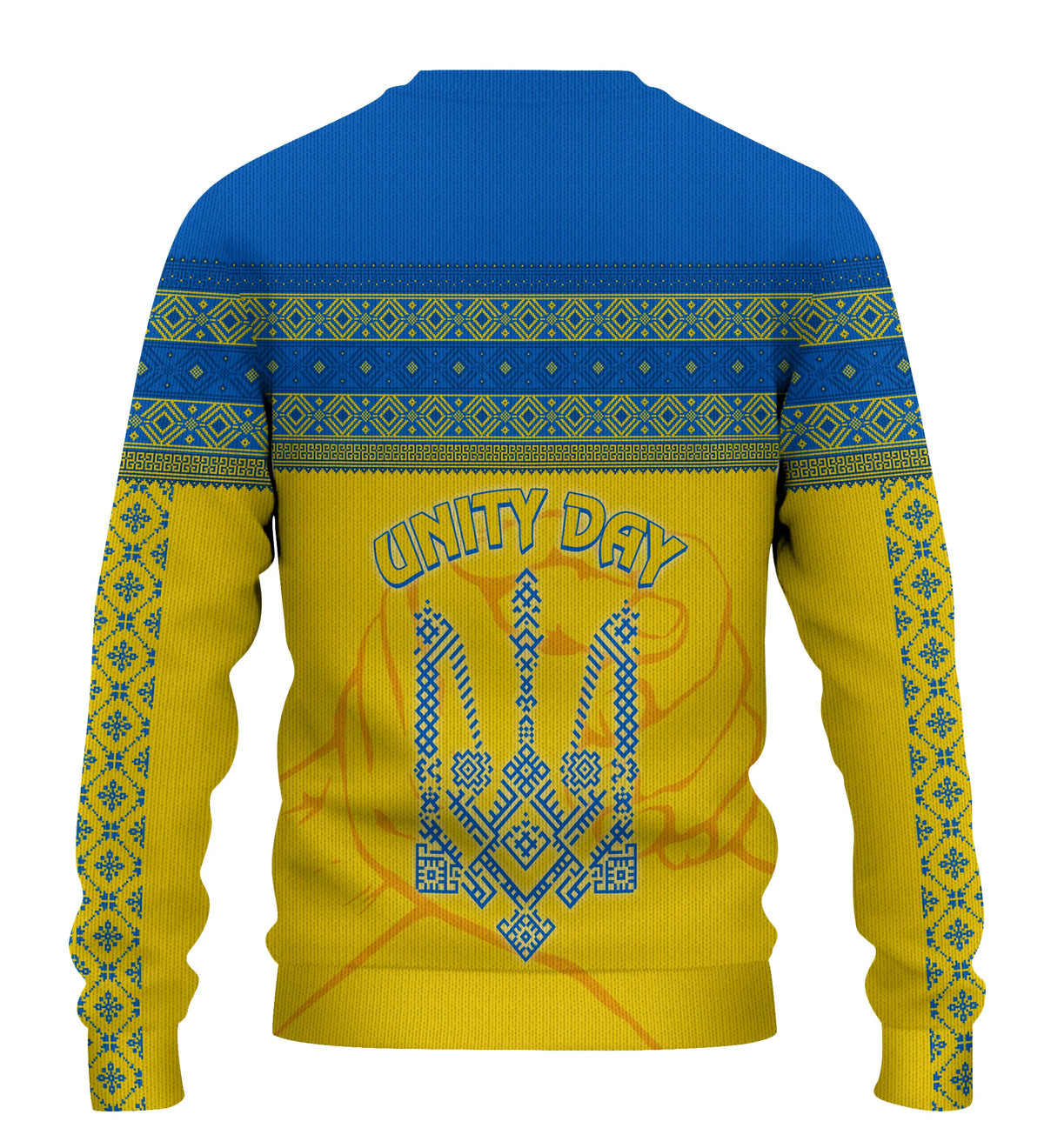 Yellow knitted sweatshirt with blue folk stripes, and 'Unity Day' back print