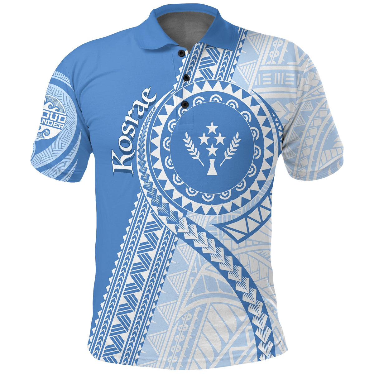 Polohemd Cerulean mit Mikronesien-Muster, vorn Rundwappen