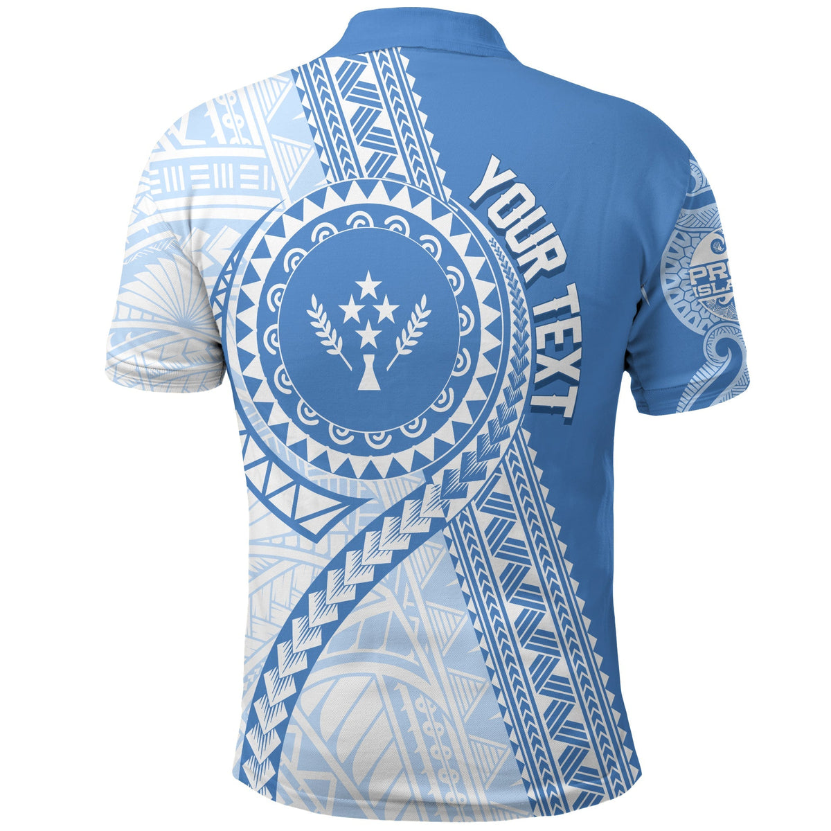 Polohemd Cerulean mit Mikronesien-Muster, Rücken mit Rundwappen und Schriftzug
