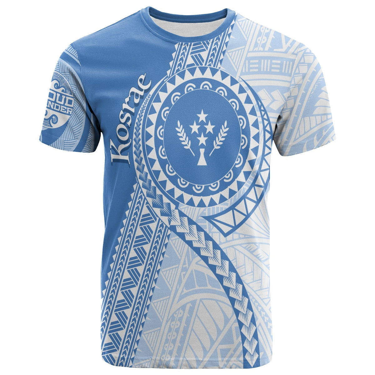 Cerulean custom FSM Kosrae pattern T-shirt, front graphic with circular emblem